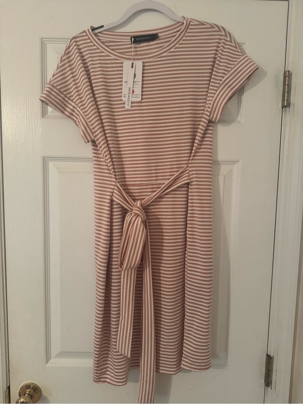Striped Tie-Waist Midi Dress in Blush and White